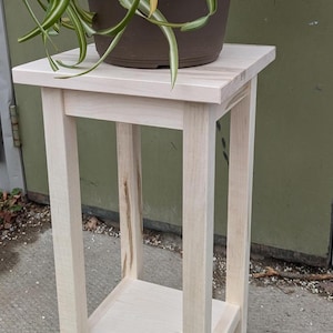 May include: A white wooden plant stand with a single shelf. The stand has a simple design with four legs and a square top. A potted plant is sitting on the top shelf.