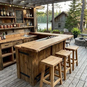 Può includere: Bar in legno rustico all'aperto con un piano di lavoro in legno, mensole con bottiglie e tre sgabelli in legno. Un menu su lavagna è esposto. Il bar è allestito su un ponte di legno con un lago e alberi sullo sfondo.