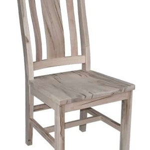 May include: A light-coloured wooden chair with a slatted back and a square seat. The chair has four legs and a supportive frame. The wood grain is visible throughout the chair's construction.