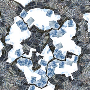 May include: A digital collage featuring repeating architectural elements of grey high-rise buildings with numerous windows, interspersed with fragmented patches of a bright blue sky filled with white clouds, arranged in a circular pattern.