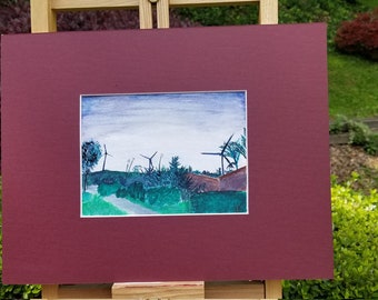 Windmills at Dusk, Costa Rica, Gouache and watercolor painting with Mat