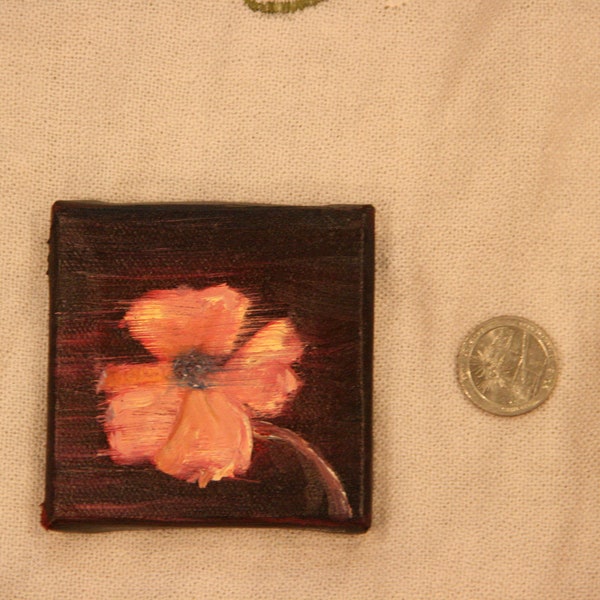 Tiny dogwood oil painting original in red. Glowing dogwood (3" x 3")
