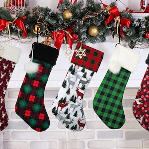 Large  Stockings Handmade plaid, deer faux fur stocking stuffer, christmas stocking,