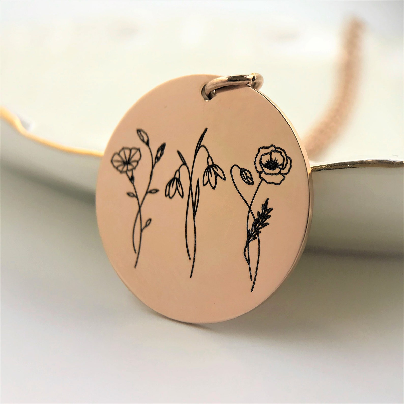 Combined Birth Month Flower Necklace Silver Rose Gold Etsy