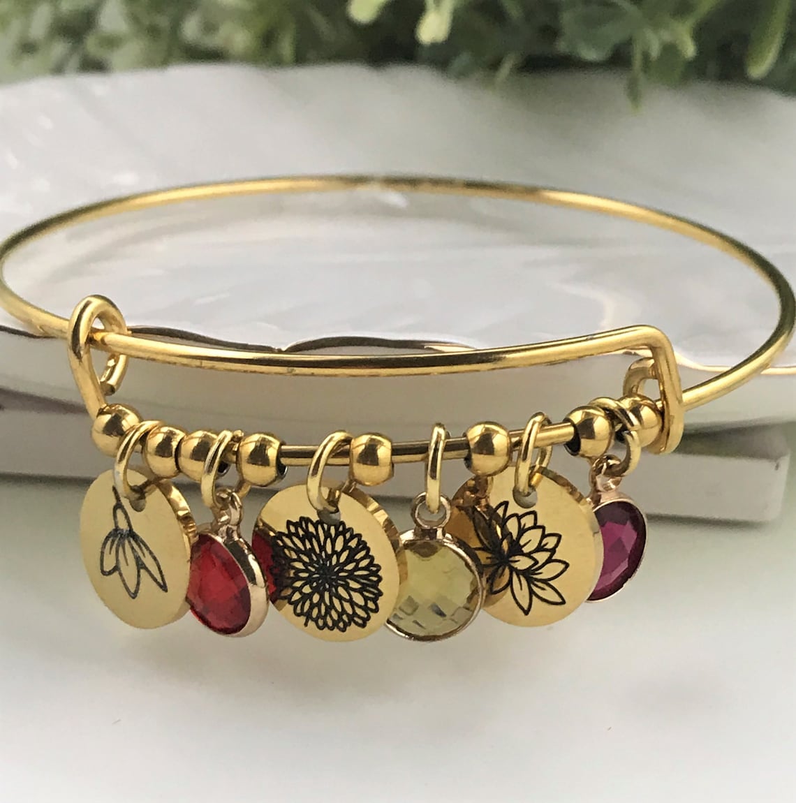 Birthstone Flower Bracelet Birth Flower Bangle Birth Month Charm