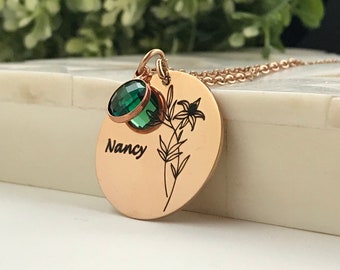 Birth Month Flower Necklace Custom Birth Stone Silver Rose Gold Custom Text Personalized Engraved Jewelry Gemstone Floral Charm Gift