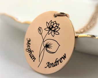 Birth Month Flower Necklace Silver Rose Gold  Custom Text Personalized Engraved Jewelry Birth Flower Necklace Best Friend, Floral Charm Gift