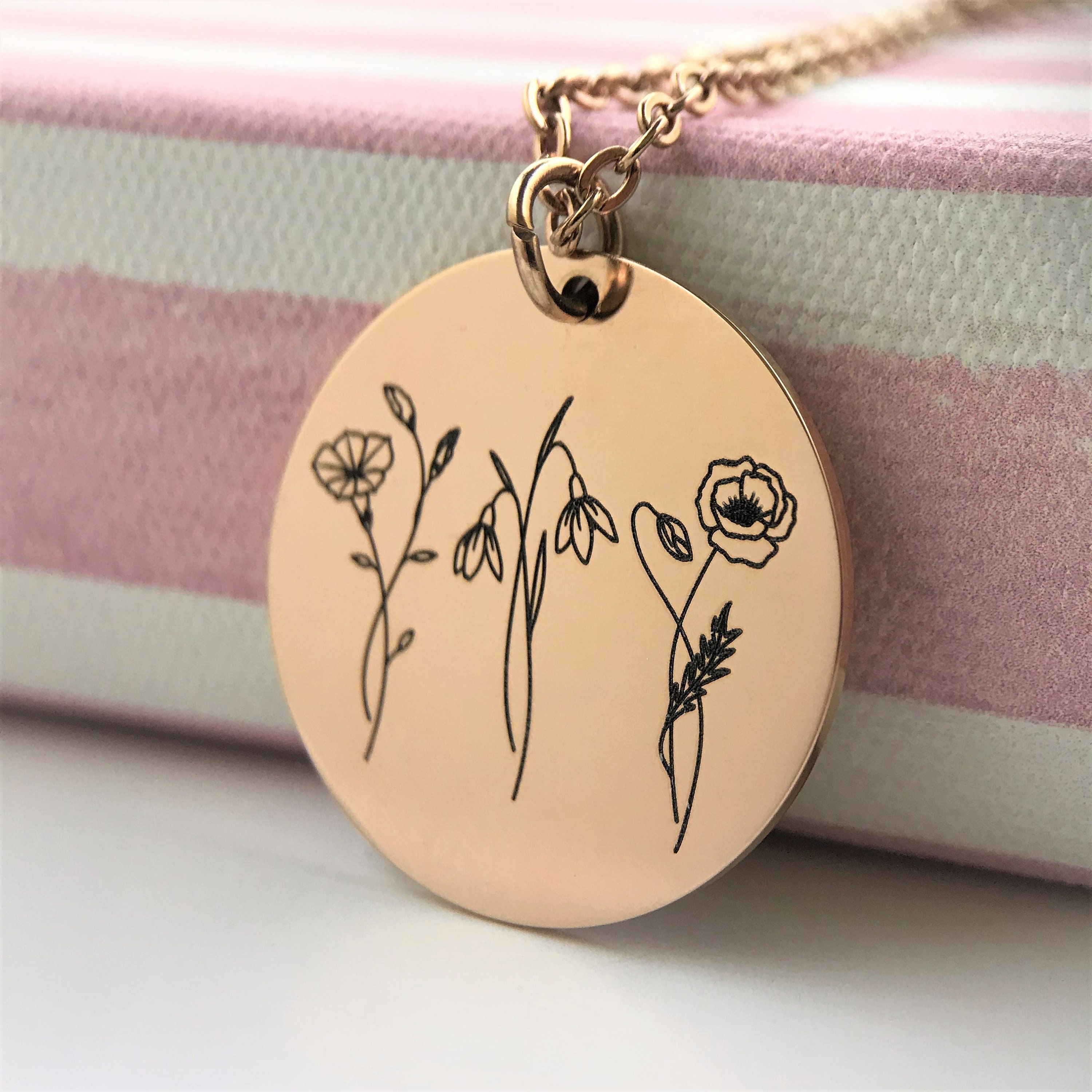 Combined Birth Month Flower Necklace Silver Rose Gold Etsy