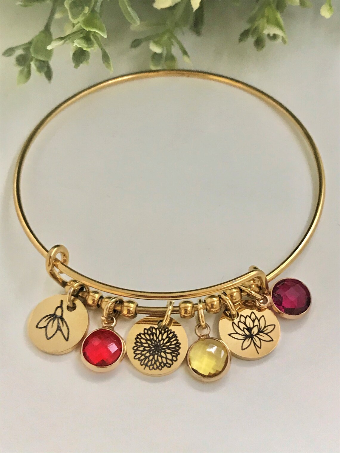 Birthstone Flower Bracelet Birth Flower Bangle Birth Month Charm
