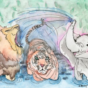 May include: Watercolor painting of a lion, tiger, and elephant standing in a blue pool of water. The animals are all facing forward and have their mouths open. The background is a green forest with leaves.
