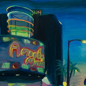 May include: A painting of a building with a neon sign that says "Amoeba Music". The building is lit up in the evening, and there is a streetlight in the foreground.