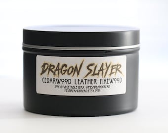 Dragon Slayer. Conan The Barbarian Inspired, Leather Cedarwood and Firewood Scented Soy Wax Candle,