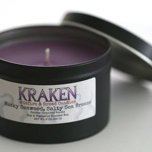 Kraken: Musky Seaweed, Salty Sea Breeze Scented Candle Black Tin Candle 8oz