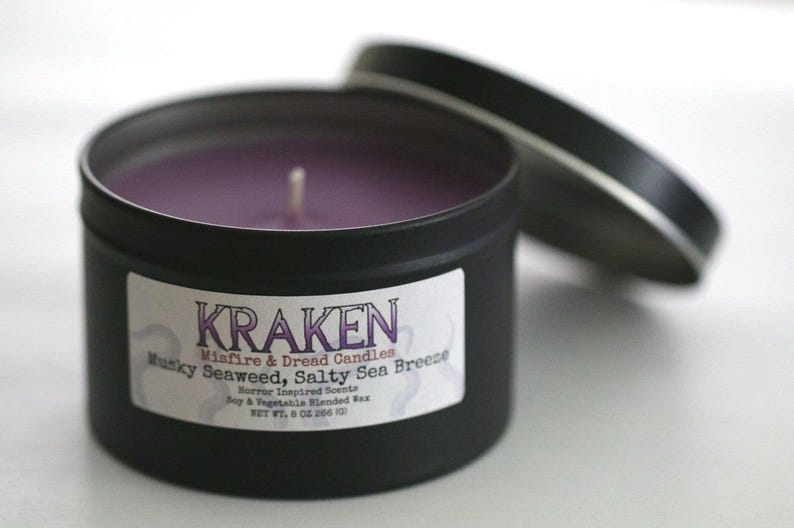 Kraken: Musky Seaweed, Salty Sea Breeze Scented Candle Black Tin Candle 8oz