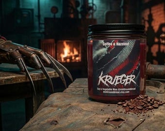 Krueger: Coffee and Hazelnut scented soy wax candle.