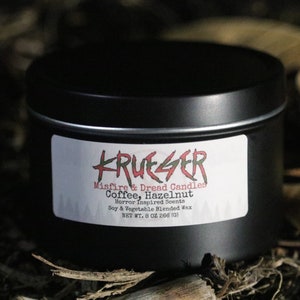 Krueger/ Slasher Movie Candle / Homemade / Halloween /Nightmare / Horror Fan/ Coffee / Soy Wax Scented Candle / Phthalate Free Oil / 8oz Tin