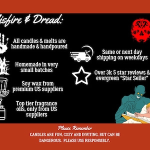 May include: A black informational graphic with the text Misfire & Dread, featuring icons of a handprint, a haunted house, a top hat, a dropper bottle, a delivery truck, a star, and a red skull. A green creature reads a book to a child.