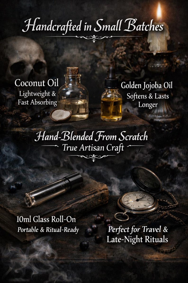 Puede incluir: Un anuncio de aceites artesanales y productos rituales. La imagen presenta botellas de aceite de coco y jojoba, un roll-on de 10 ml y un reloj de bolsillo. El texto incluye "Handcrafted in Small Batches" y "Hand-Blended From Scratch".