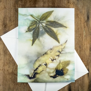 Botanical Nature Art Ecoprint Notecard: Chaste, Sawtooth Oak & Red Maple Leaves