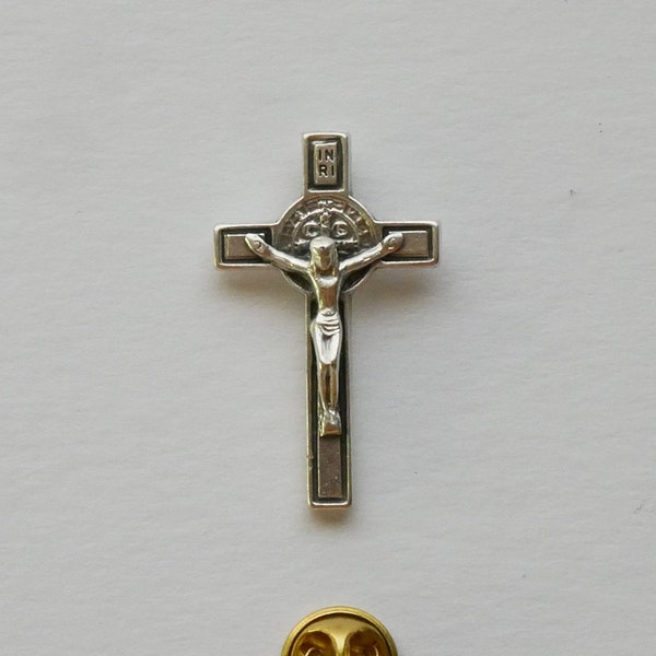 Saint Benedict Silver Tone Crucifix Lapel Pin