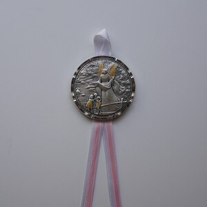 Pewter Boy Crib Medal With Blue Ribbon Engravable Back Carded