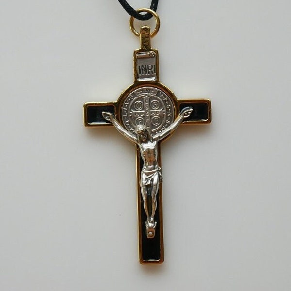 Necklace Crucifix 3-1/8" x 1-3/4" Silver-Gold Tone / Black Enamel Crucifix with Cord