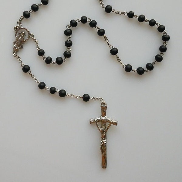 Black Wood Oval Beads Rosary with Papal Crucifix