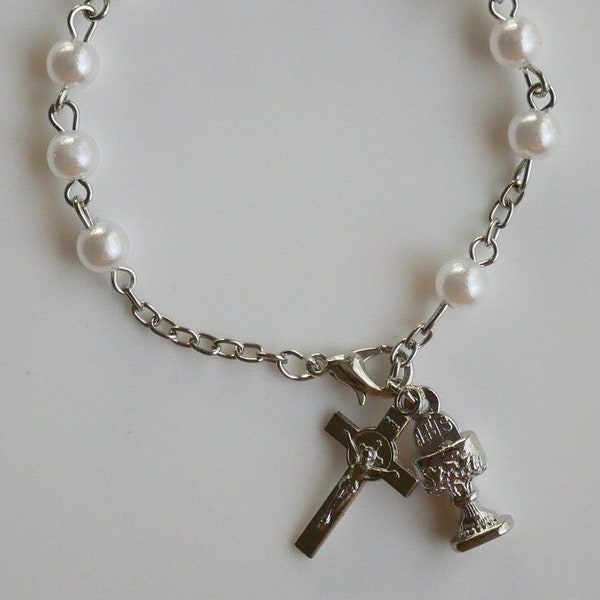First Communion Imitation Pearls Rosary Bracelet for Girls or Boys