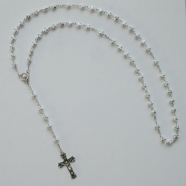 Antique Silver Tone Finish Madonna Rosary with Rosebud Beads