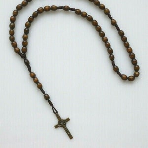 Brown Wood / Cord Oval ROSARY with St Benedict Bronze Tone Crucifix