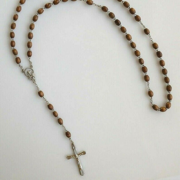 Wood Oval Beads ROSARY with Sacred Heart of Jesus Center - Brown -