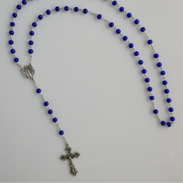 Blessed Mother Glass Blue Beads Rosary with Pouch