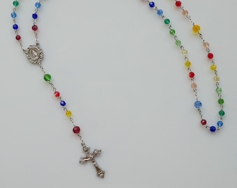 Blessed Mother Rainbow Glass Beads Rosary with Pouch