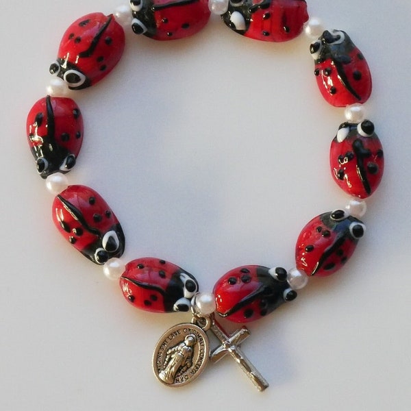 Lady Bug Stretch Rosary Bracelet with Miraculous Medal and Cross