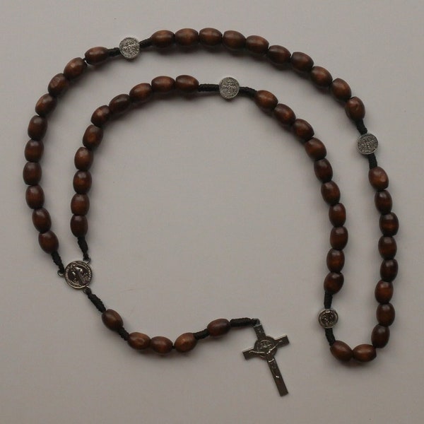 Brown Oval Wood Beads  / Cord Rosary with Saint Benedict Center and Crucifix