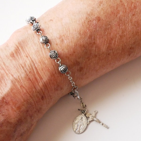 Adjustable Rosary Bracelet with Rosebud Beads and Dangles