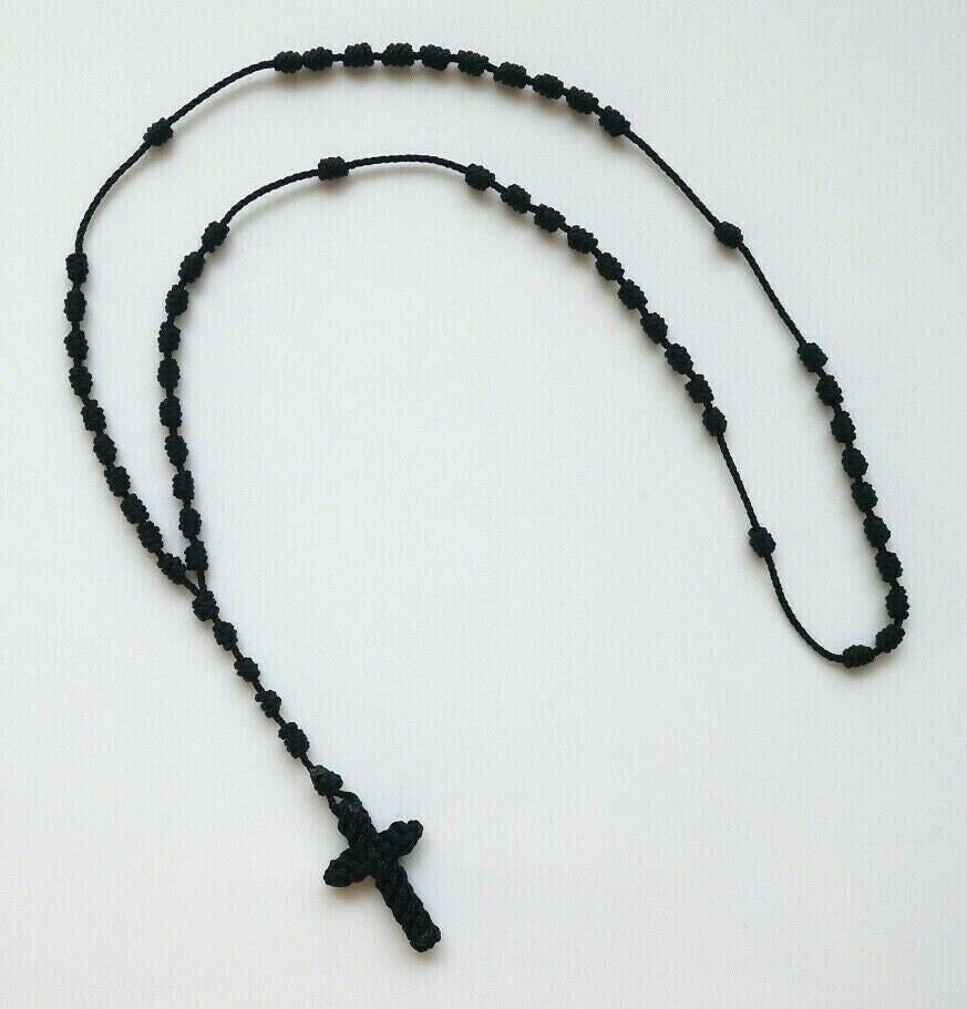 Quality Black Knotted Cord ROSARY with Pouch