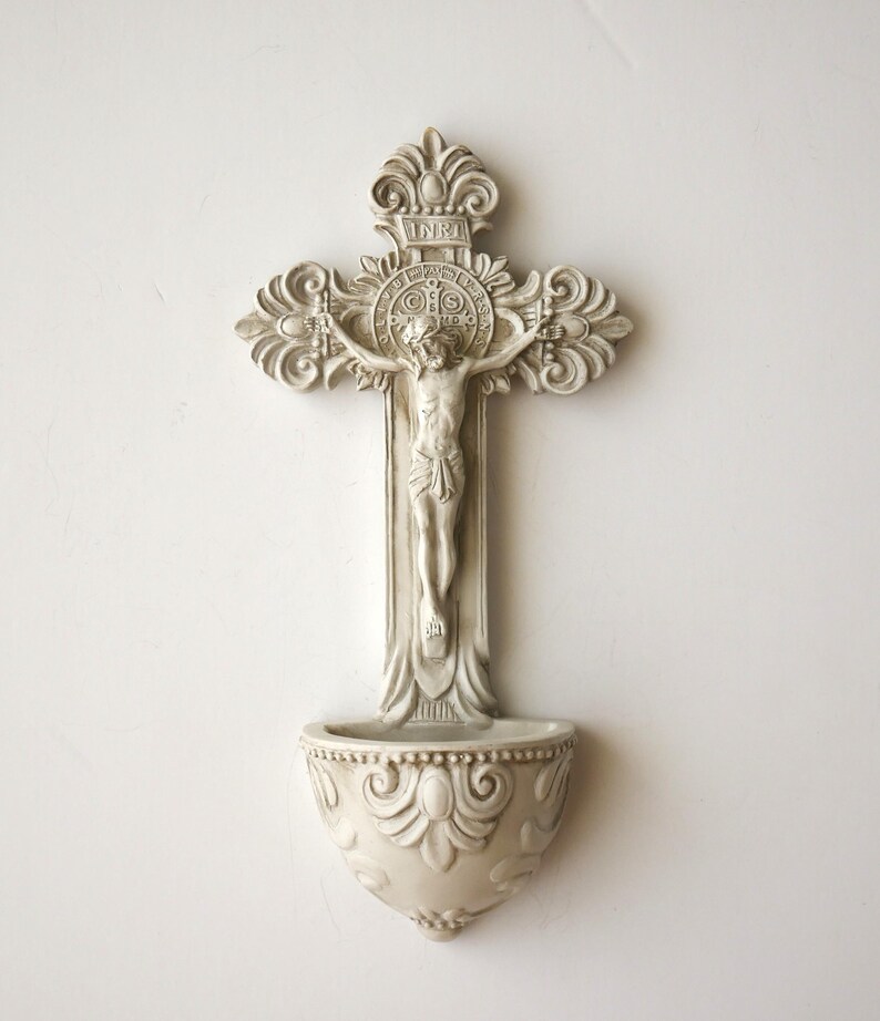 Stone Finish Saint Benedict Crucifix Holy Water Font