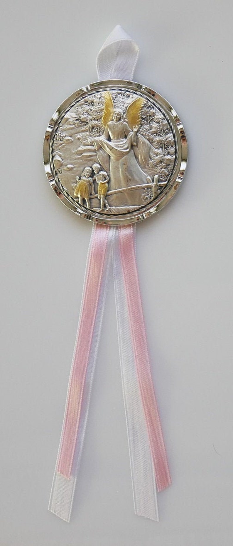 Guardian Angel Crib Medal With White and Pink Ribbons for Etsy