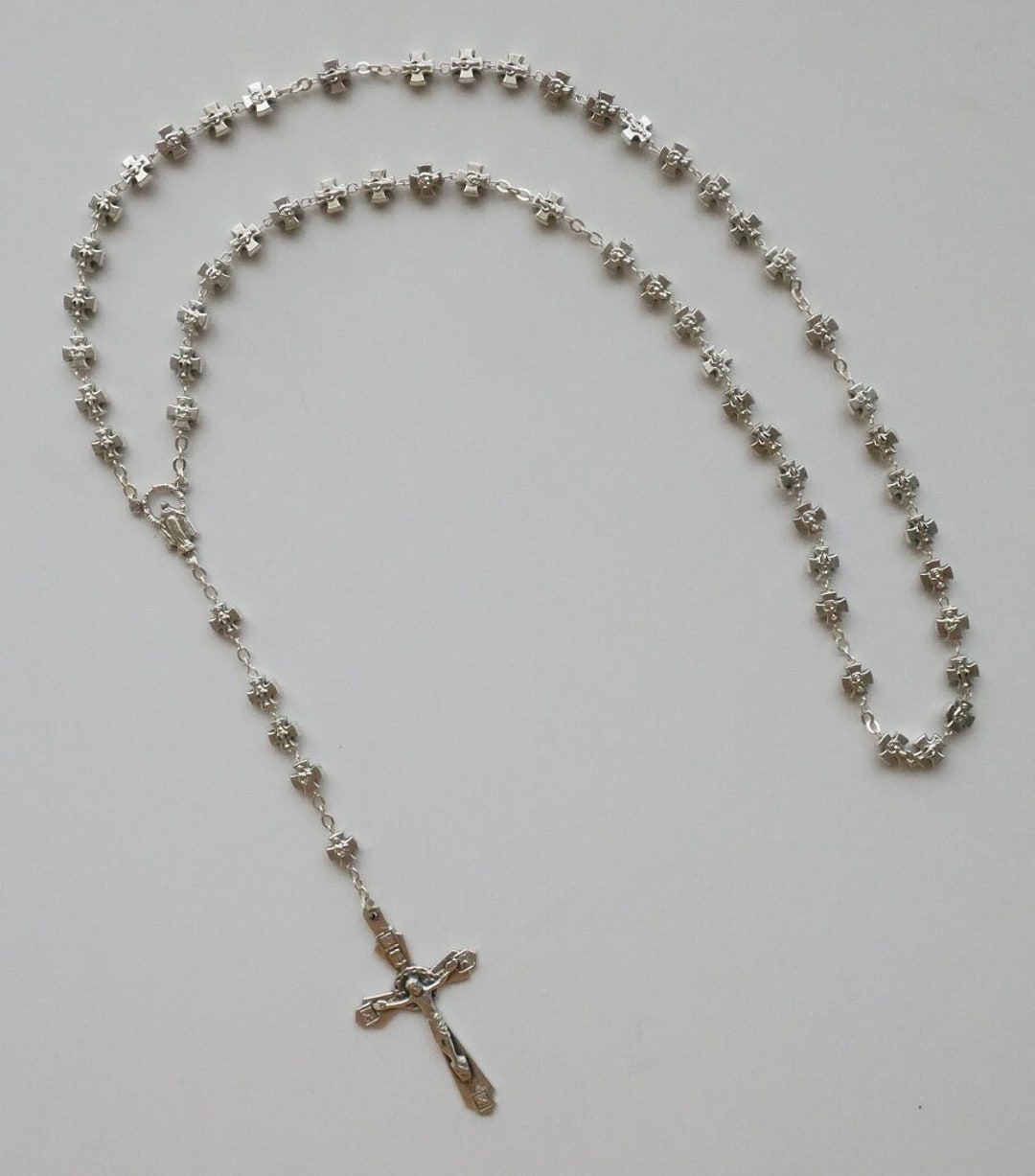 Beautiful Cross Beads Pewter Rosary With Miraculous Center Piece Etsy