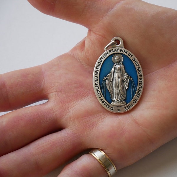 Miraculous (Lady of Grace) 1-1/2" x 1-1/8" Silver Tone / Enameled Medal