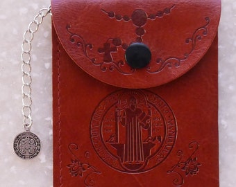 Saint Benedict Brown Leather Pouch for Rosaries with Medal
