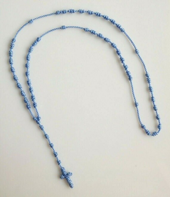 Lt Blue Knotted Cord Necklace ROSARY With Pouch Etsy
