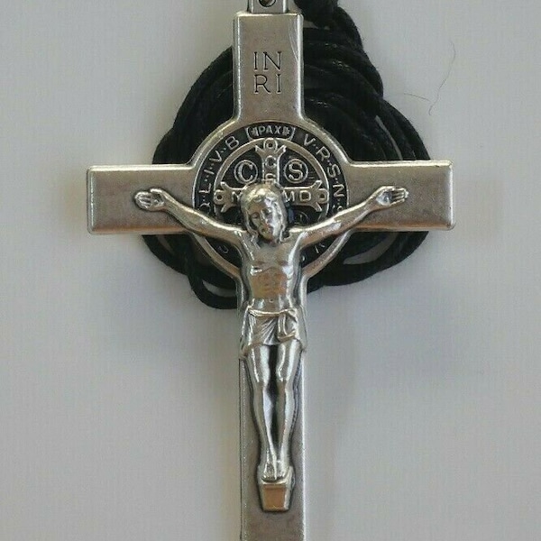 Saint Benedict Silver Tone Alloy Crucifix with Cord 3" x 1-3/4"