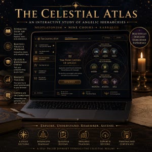 以下が含まれることがあります： 天使の階層に関するインタラクティブな学習アプリ「The Celestial Atlas」を表示するノートパソコン。画面には、金色の文字、9つの天使の合唱団の図、進捗状況や学習セクションのナビゲーションメニューを備えたダークモードのインターフェースが表示されています。
