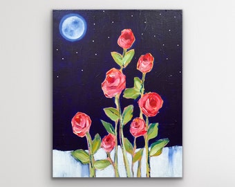 Original abstract painting of a moonlit rose garden, nighttime garden artwork, acrylic painting of roses at night, acrylic on canvas artwork