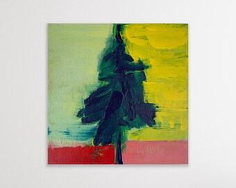 Colourful abstract spruce tree painting, small original artwork, handpainted art, miniature acrylic tree painting on canvas board