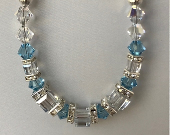 Sky Blue and Aquamarine Silver European Crystal Chain Necklace with Magnetic Closure by Crystal River Creations LLC