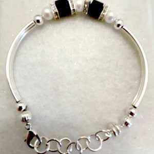 Jet black onyx European crystal silver bracelet, white, black pearls with strong magnetic closure image 2