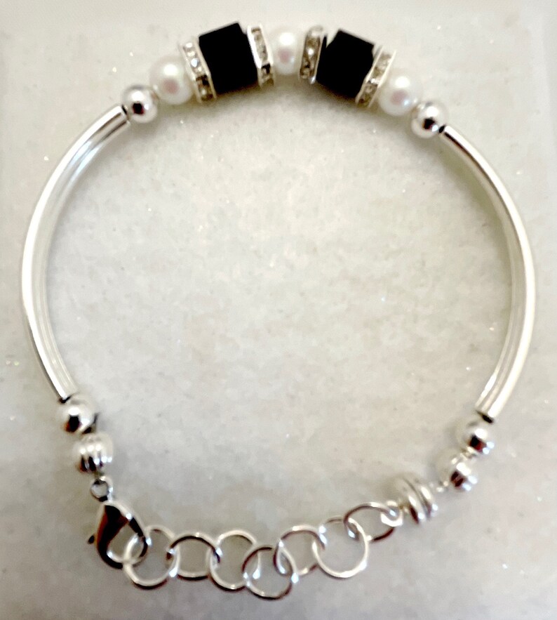 Jet black onyx European crystal silver bracelet, white, black pearls with strong magnetic closure image 2
